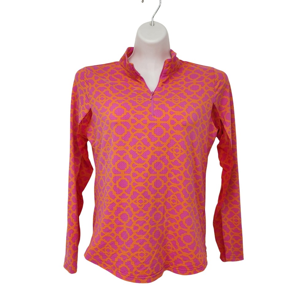 Icikuls Womens Orange Pink Abstract Mesh Long Sleeve 1/4 Zip UPF 50 Top Small